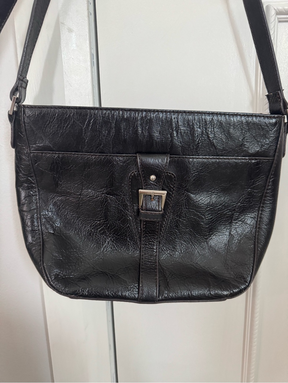 Vintage Etienne Aigner Black Leather Buckle-Front Shoulder Bag